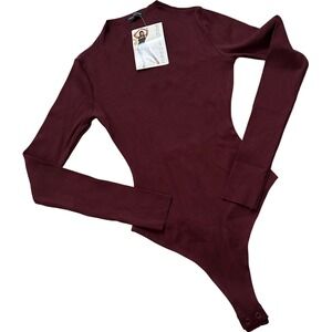 Naked Wardrobe Ribbed Mock Neck Long Sleeve Thong Bodysuit Dark Plum Size Small